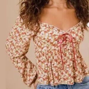 Altar'd State brick red blush pink floral crop long sleeve lace up corset top S